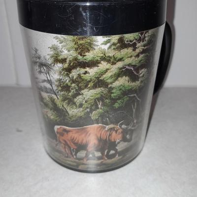 Four Currier & Ives tea Mugs with serving dish
