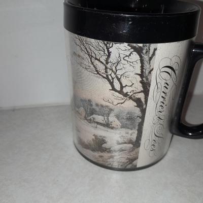 Four Currier & Ives tea Mugs with serving dish