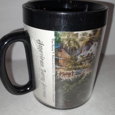 Four Currier & Ives tea Mugs with serving dish