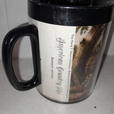 Four Currier & Ives tea Mugs with serving dish