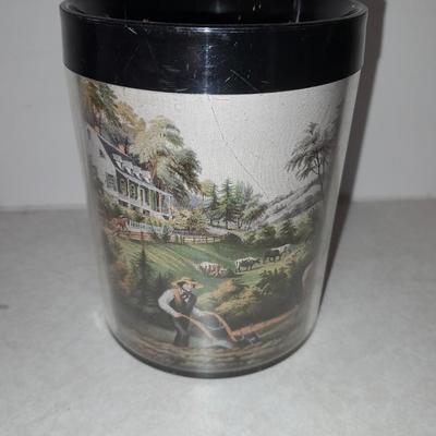 Four Currier & Ives tea Mugs with serving dish