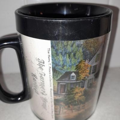 Four Currier & Ives tea Mugs with serving dish