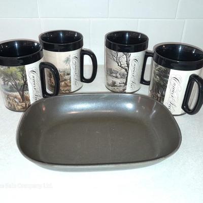 Four Currier & Ives tea Mugs with serving dish