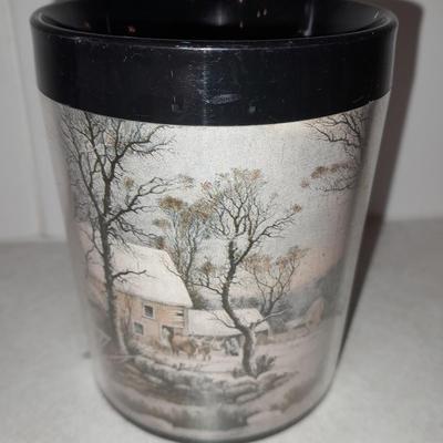 Four Currier & Ives tea Mugs with serving dish