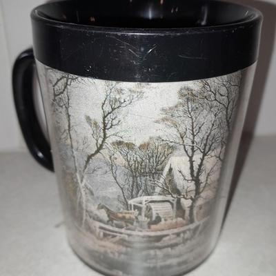 Four Currier & Ives tea Mugs with serving dish