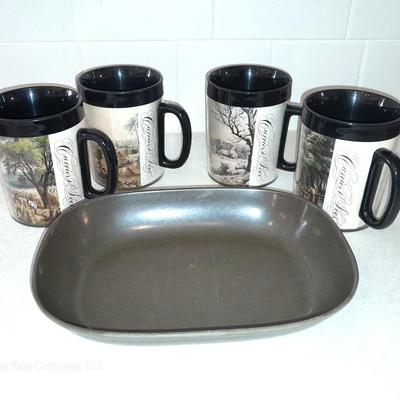 Four Currier & Ives tea Mugs with serving dish