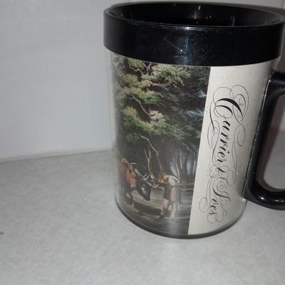 Four Currier & Ives tea Mugs with serving dish