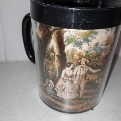 Four Currier & Ives tea Mugs with serving dish