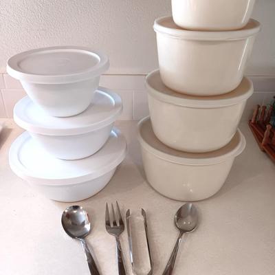 Two sets of plastic food storage containers - nesting - with lids - and serving utensils