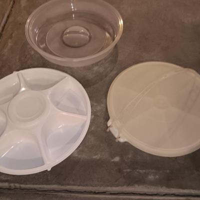 Tupperware - measuring cups - large food storage container - divided dish with dip dish and more.