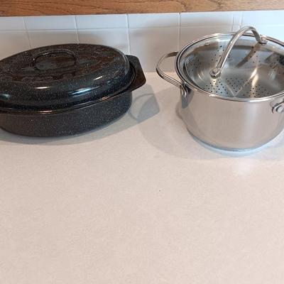 Small enamel roasting pan with lid and Tools of the trade 4-quart steamer pan with strainer insert