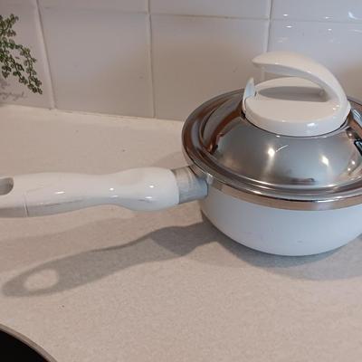 White T-fal cookware Skillet and saucepans