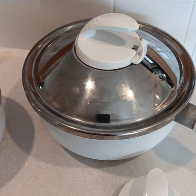 White T-fal cookware Skillet and saucepans