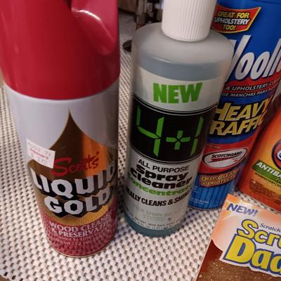 Full bottles of cleaning chemicals and two Scrub Daddy scrubbers