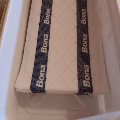 Bona mop with partial box of Bona wipes for hardwood floors and a super mop