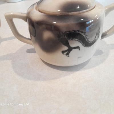 Vintage Chinese Dragon cup set with cream & sugar dishes