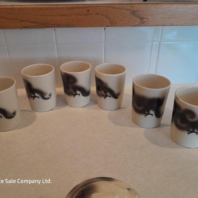 Vintage Chinese Dragon cup set with cream & sugar dishes