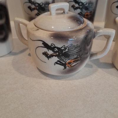 Vintage Chinese Dragon cup set with cream & sugar dishes