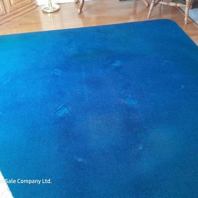 Large blue area rug with matching runner and a floral kitchen rug