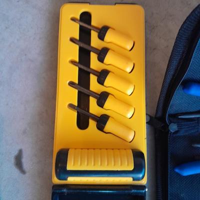 Variety of tools - pipe wrench - drill bits - pliers set in storage bag and more