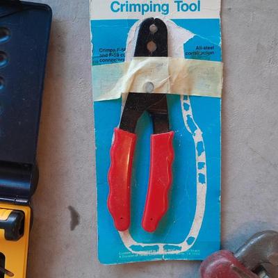 Variety of tools - pipe wrench - drill bits - pliers set in storage bag and more