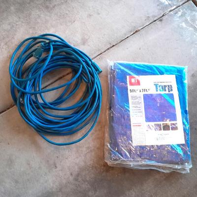 Two blue extension cords and a brand new 5x7 tarp