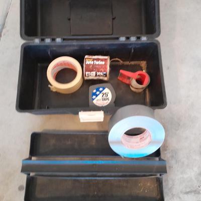 Plastic toolbox with inside tray and tape of all kinds -