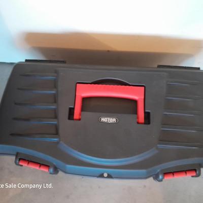 Keter plastic toolbox with inside tray and an assortment of hardware