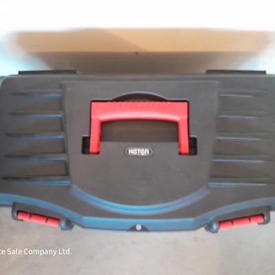 Keter plastic toolbox with inside tray and an assortment of hardware
