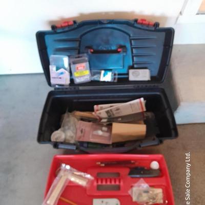 Keter plastic toolbox with inside tray and an assortment of hardware