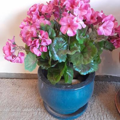 Nice blue ceramic flower pot with faux geraniums