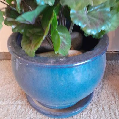 Nice blue ceramic flower pot with faux geraniums