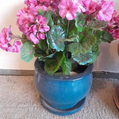 Nice blue ceramic flower pot with faux geraniums