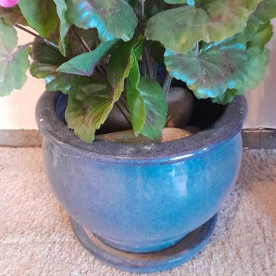 Nice blue ceramic flower pot with faux geraniums