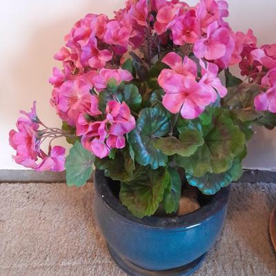 Nice blue ceramic flower pot with faux geraniums
