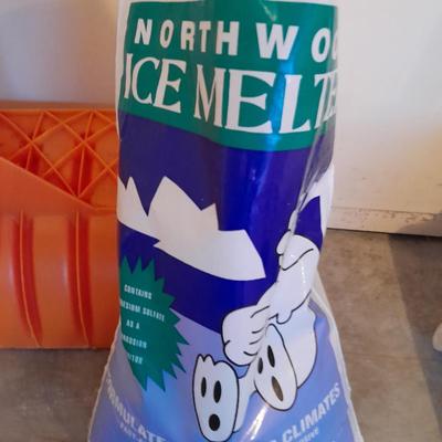Snow shovel and ice melt