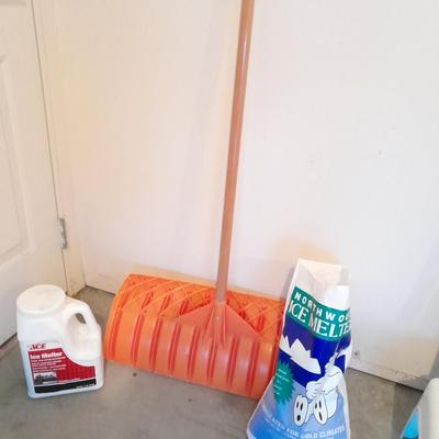 Snow shovel and ice melt