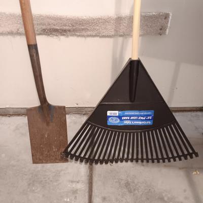 Nice 24" Poly leaf rake and a flat head shovel with a handle