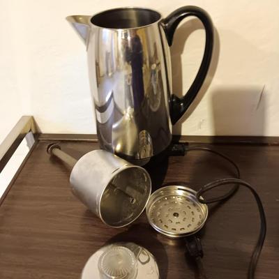 Vintage complete chrome Farberware Superfast fully automatic electric coffee pot with glass platter and coffee mug
