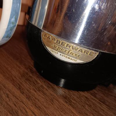 Vintage complete chrome Farberware Superfast fully automatic electric coffee pot with glass platter and coffee mug