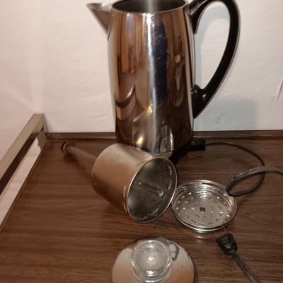 Vintage complete chrome Farberware Superfast fully automatic electric coffee pot with glass platter and coffee mug