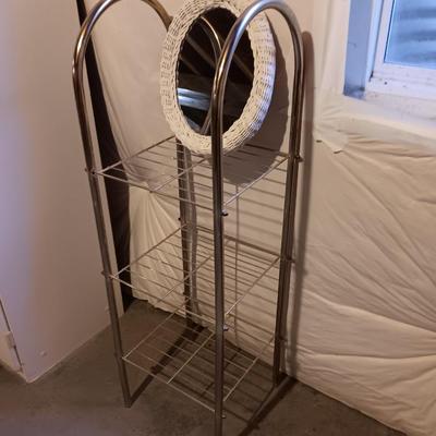 Two shelf metal storage shelf / towel rack with wicker framed mirror