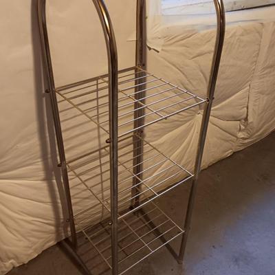 Two shelf metal storage shelf / towel rack with wicker framed mirror