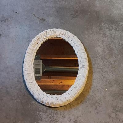 Two shelf metal storage shelf / towel rack with wicker framed mirror