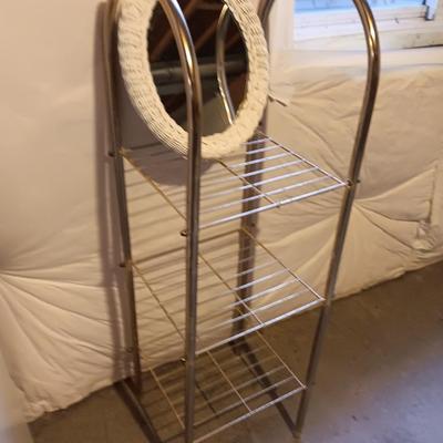 Two shelf metal storage shelf / towel rack with wicker framed mirror