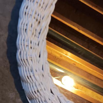 Two shelf metal storage shelf / towel rack with wicker framed mirror
