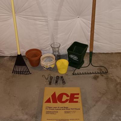 Hard rake - Scotts handheld spreader - flowerpots -small rake - hose attachments and more