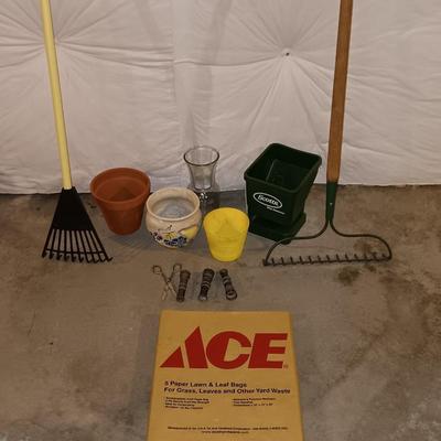 Hard rake - Scotts handheld spreader - flowerpots -small rake - hose attachments and more