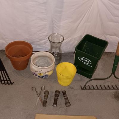 Hard rake - Scotts handheld spreader - flowerpots -small rake - hose attachments and more