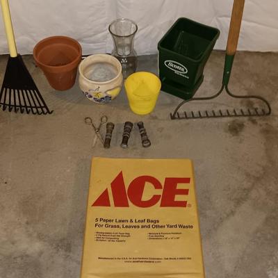 Hard rake - Scotts handheld spreader - flowerpots -small rake - hose attachments and more